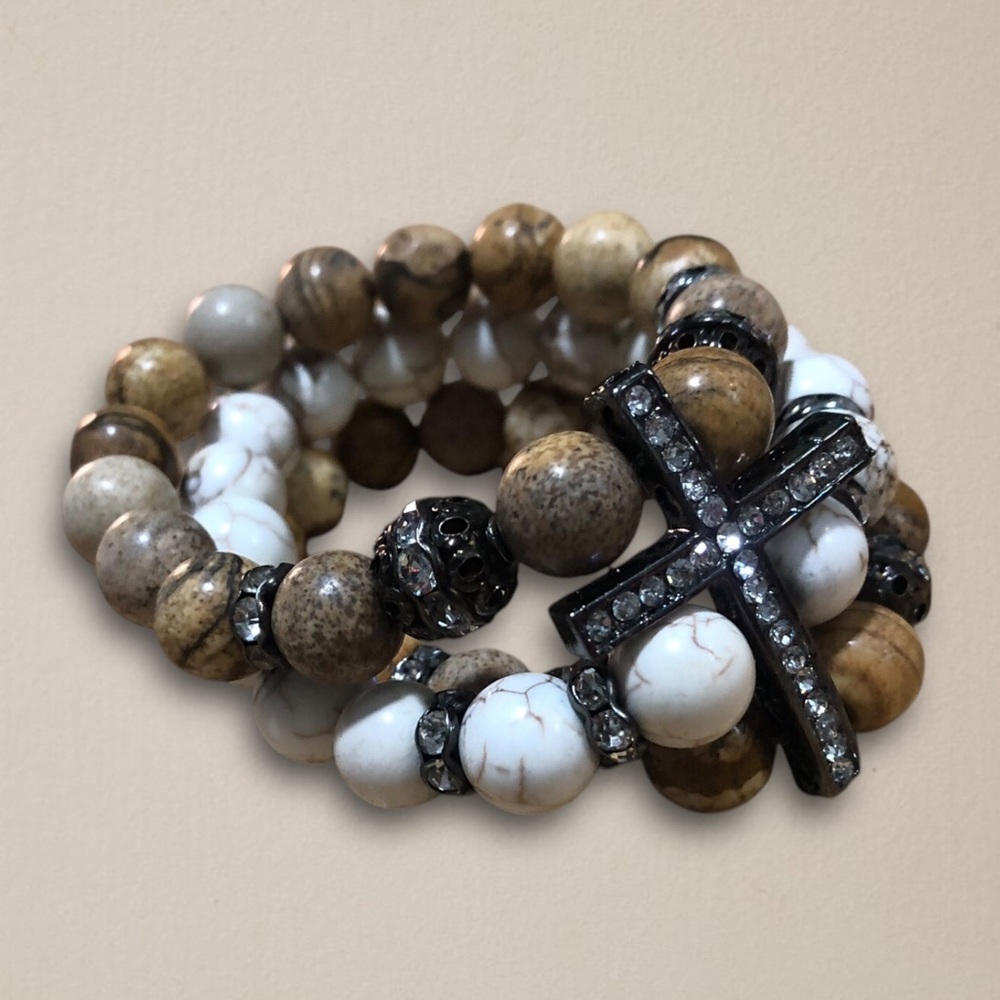Rhinestone Cross w/ Neutral Beads, Stretch Stackable Layering Bracelet